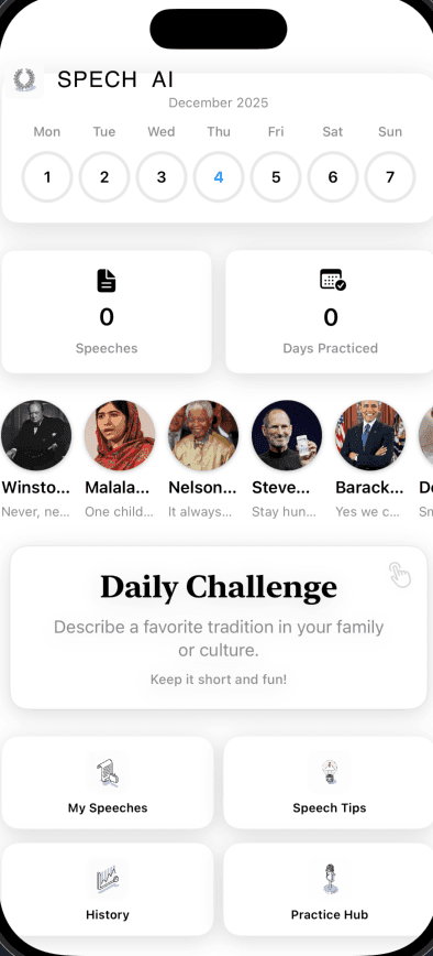 SpechAI mobile app interface showing speech training features